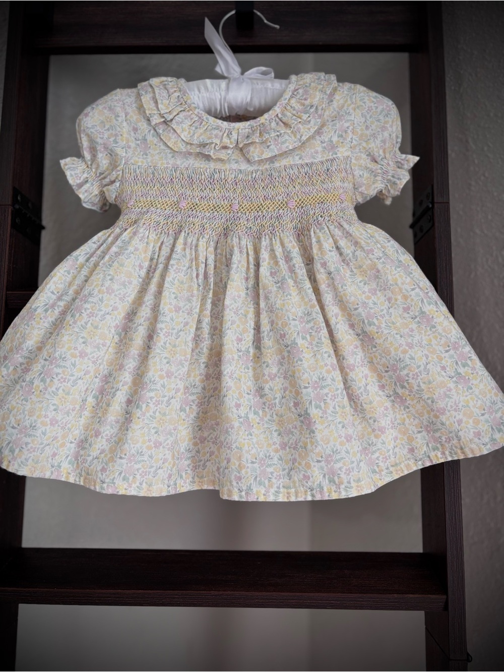 Smocked Ruffle Collar Baby Dress in Pastel Floral Yellow
